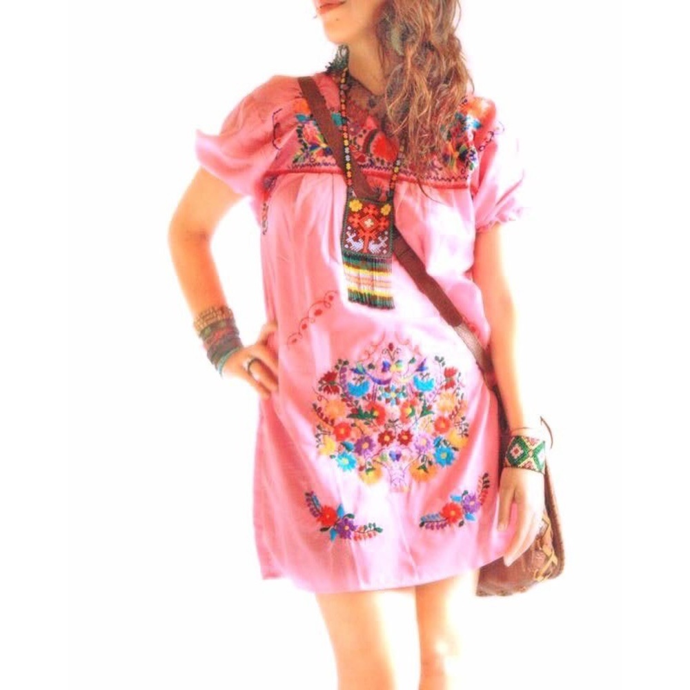 Embroidered Mexican Dress Pink